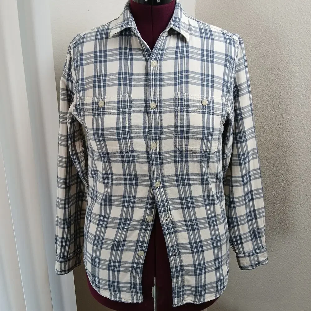 J.Crew Tailored Fit Workshirt Mens Small plaid white blue double layer cotton LS
